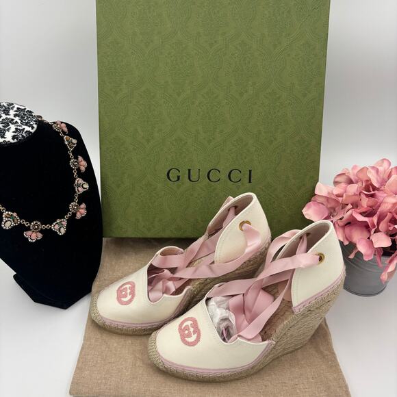 Gucci Canvas Grossgrain Embroidered Judit Ankle Wrap Platform Size 37 ✨ - Picture 1 of 5